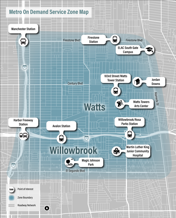Map of Metro on Demand in Watts & Willowbrook