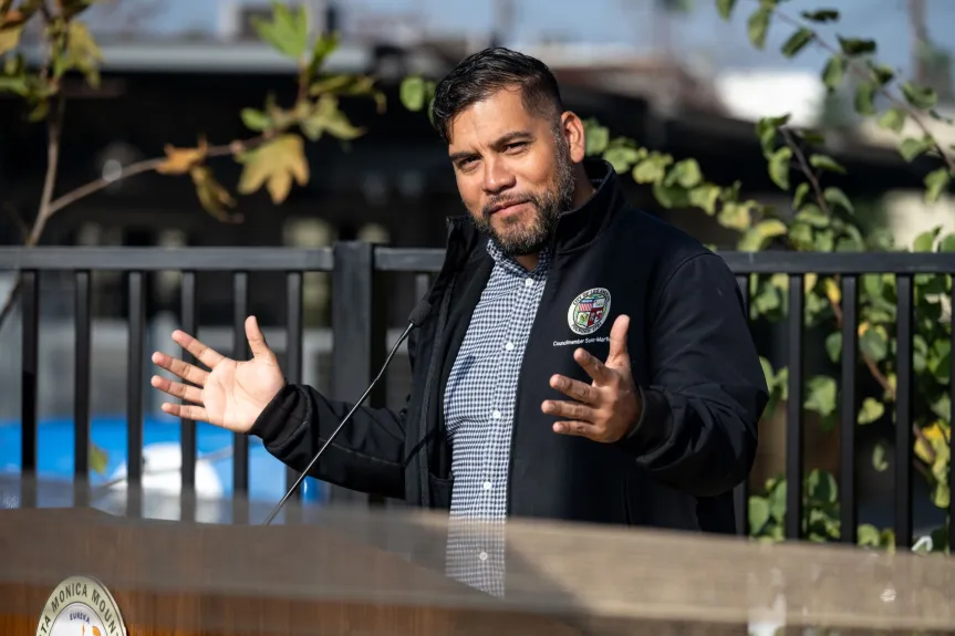 LA City Council member Hugo Soto-Martinez speaks at the ribbon-cutting ceremony to open the new Elysian Valley Gateway Park